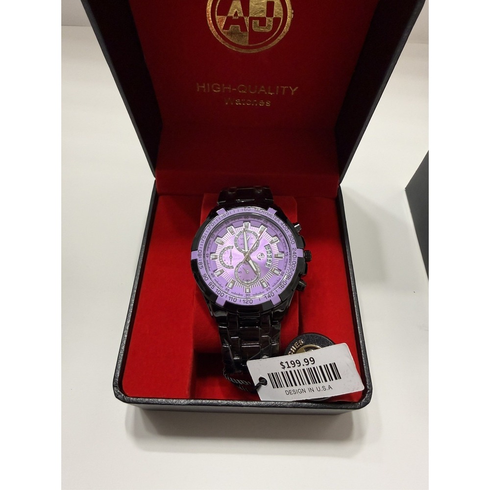 AJ Brand Silver Men's Chronograph Watch - Purple Dial Black stainless steel band